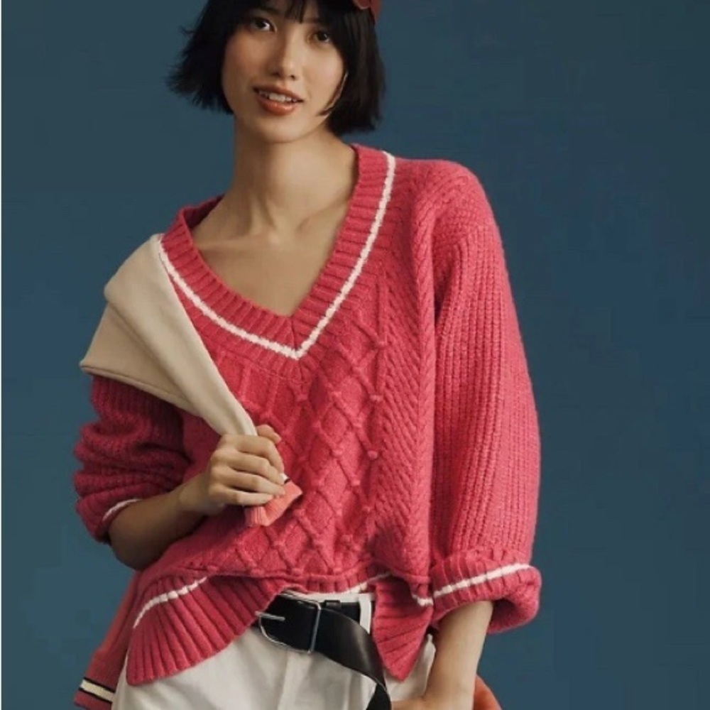 Anthropologie Maeve The Tillie V-neck Pullover Pink Varsity Sweater size XS